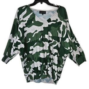 PREMISE Sweater Green Gray Camo V Neck 3/4 Sleeve Pullover Large